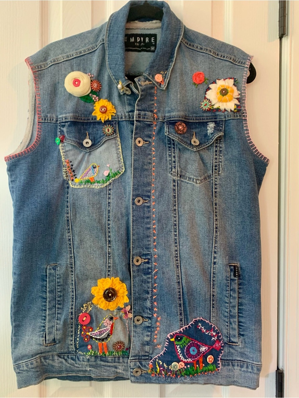 Empyre Womens Upcycled Denim Vest, Boho, Embroidered, Size Medium